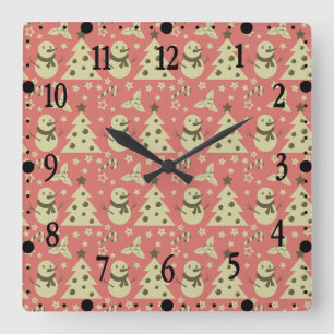 Retro Christmas trees holly berry star candy cane Square Wall Clock