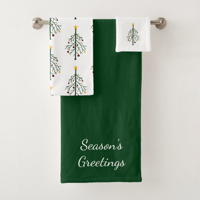 Retro Christmas Trees Whimsical Green White  Bath Towel Set (Insitu)