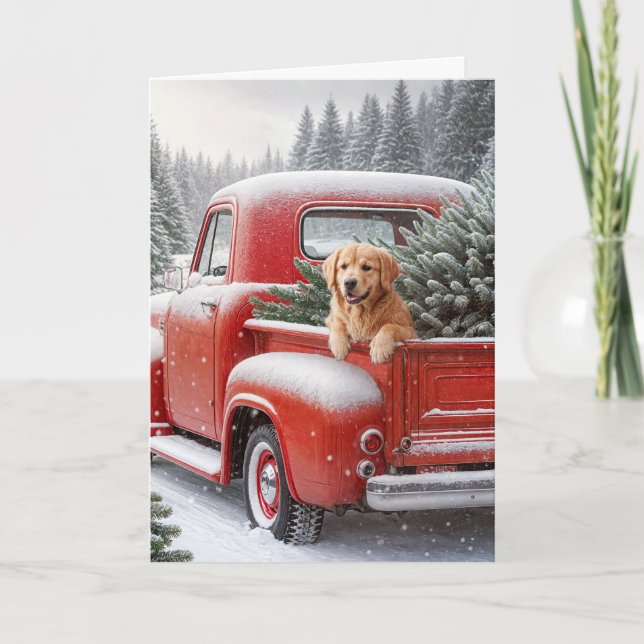 Retro Christmas Truck With Golden Retriever Holiday Card (Front)