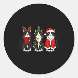 Retro Christmas Tuxedo Cat Santa Reindeer  Classic Round Sticker
