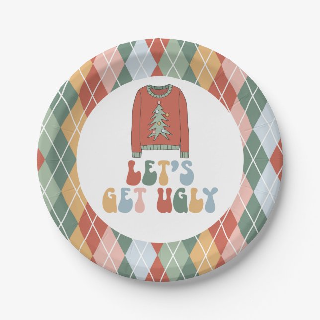 Retro Christmas Ugly Sweater Party Paper Plate (Front)