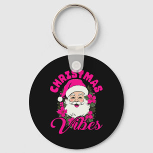 Retro Christmas Vibes Pink Santa Claus Fun Xmas Wo Keychain