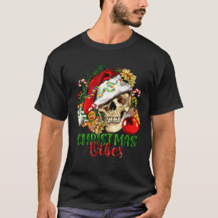 Retro Christmas Vibes Skeleton Skull Santa Hat Xma T-Shirt
