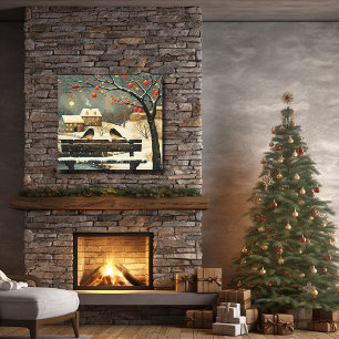 Retro Christmas Village Park Bench Birds Cottage Poster