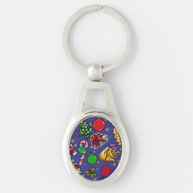 Retro Christmas Vintage Colourful Blue Red Green Keychain (Front)