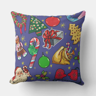 Retro Christmas Vintage Colourful Blue Red Green Outdoor Pillow