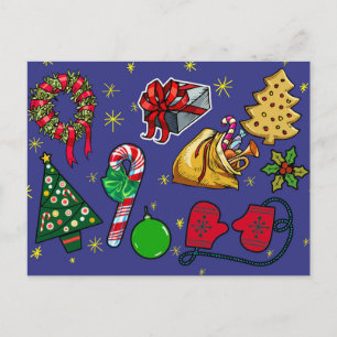 Retro Christmas Vintage Colourful Blue Red Green Postcard