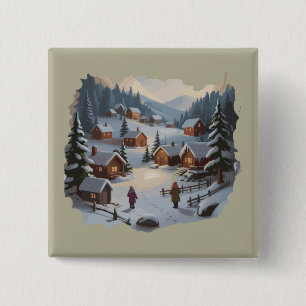 Retro Christmas Winter Village 90s Mountains Trees 2 Inch Square Button