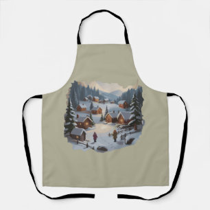 Retro Christmas Winter Village 90s Mountains Trees Apron