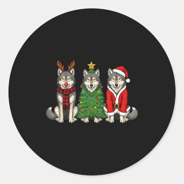 Retro Christmas Wolf Santa Reindeer  Classic Round Sticker (Front)