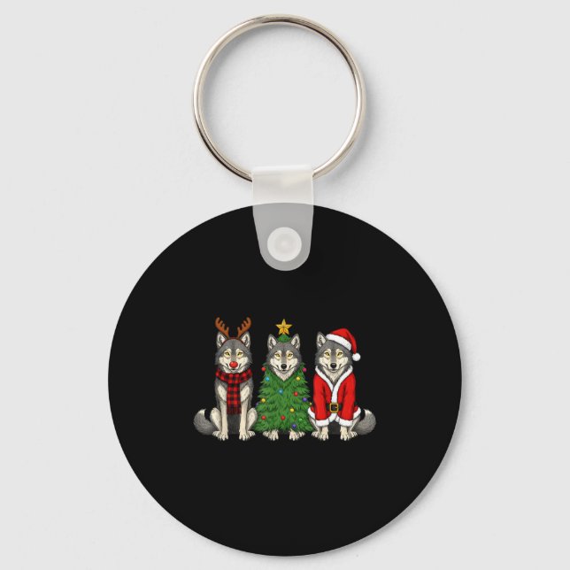 Retro Christmas Wolf Santa Reindeer  Keychain (Front)