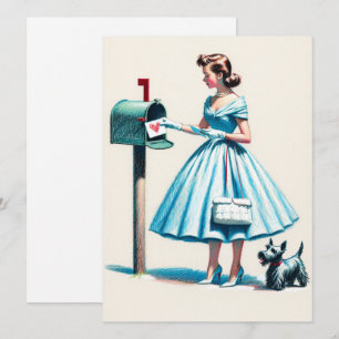 Retro Christmas Woman With Scotty Dog Mailbox Holiday Card