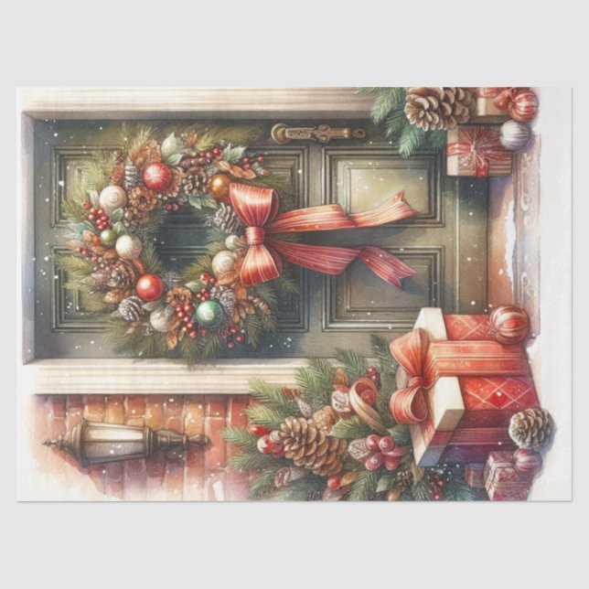 Retro  Christmas Wreath Decoupage  Tissue Paper (Front)