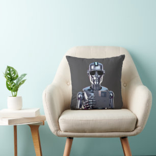 Retro Chrome Synthwave Bot AI Terminator Throw Pillow