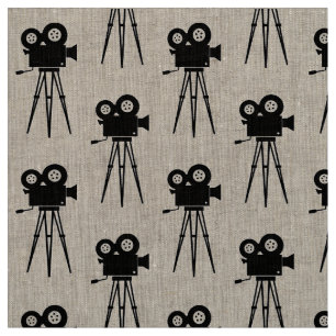 RETRO CINEMA CAMERA AND TRIPOD MOTIF FABRIC