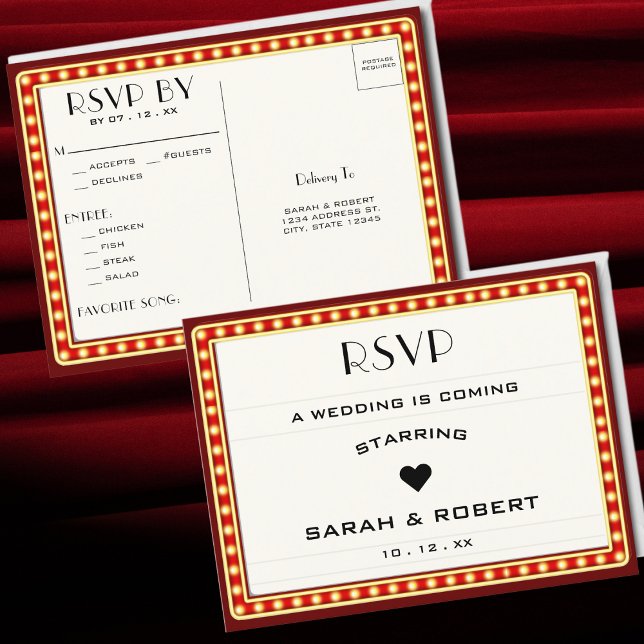 Retro Cinema Theatre Marquee Sign Red Wedding RSVP Postcard (Retro Cinema Theater Marquee Sign Red Wedding RSVP Postcard)