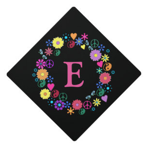 Retro Circle of Love and Peace Custom Initial Graduation Cap Topper