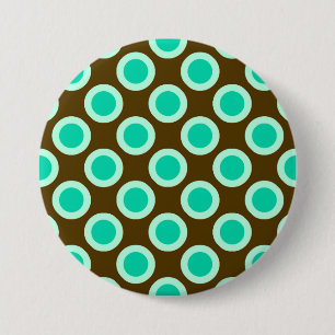 Retro circled dots, brown and turquoise 3 inch round button
