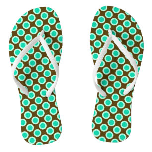 Retro circled dots, brown and turquoise flip flops