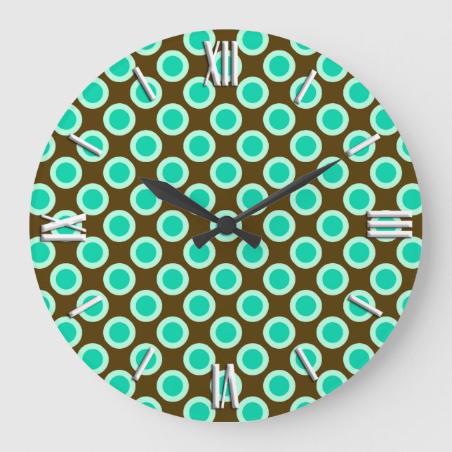 Retro circled dots, brown and turquoise large clock (Front)