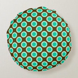Retro circled dots, brown and turquoise round pillow