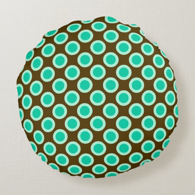 Retro circled dots, brown and turquoise round pillow (Back)