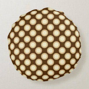 Retro circled dots, chocolate, cream and tan round pillow