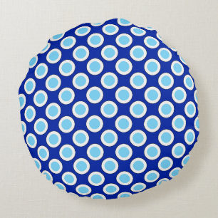 Retro circled dots, cobalt blue and white round pillow