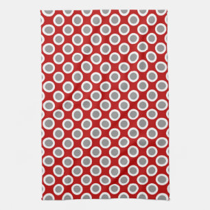 Retro circled dots, deep red and grey kitchen towel