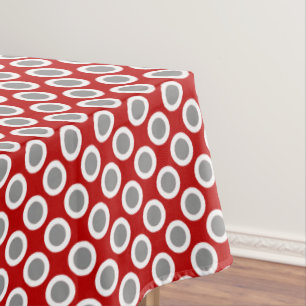 Retro circled dots, deep red and grey tablecloth