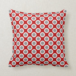 Retro circled dots, deep red and grey throw pillow
