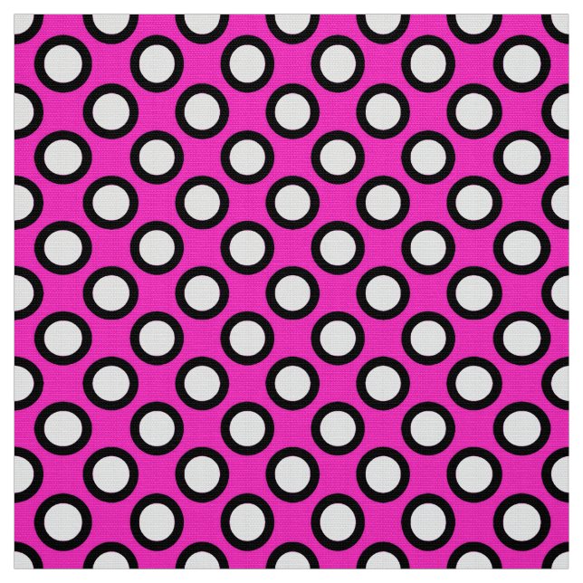 Retro circled dots, fuchsia, black and white fabric (Swatch)