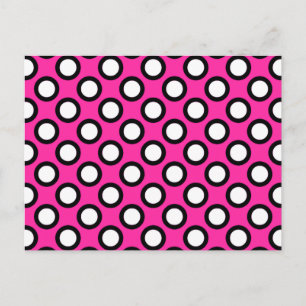 Retro circled dots, fuchsia, black and white postcard