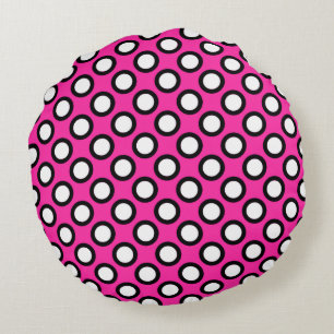 Retro circled dots, fuchsia, black and white round pillow