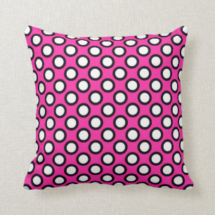 Retro circled dots, fuchsia, black and white throw pillow