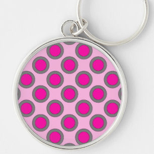 Retro circled dots, fuchsia, grey and pink keychain