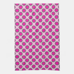 Retro circled dots, fuchsia, grey and pink kitchen towel