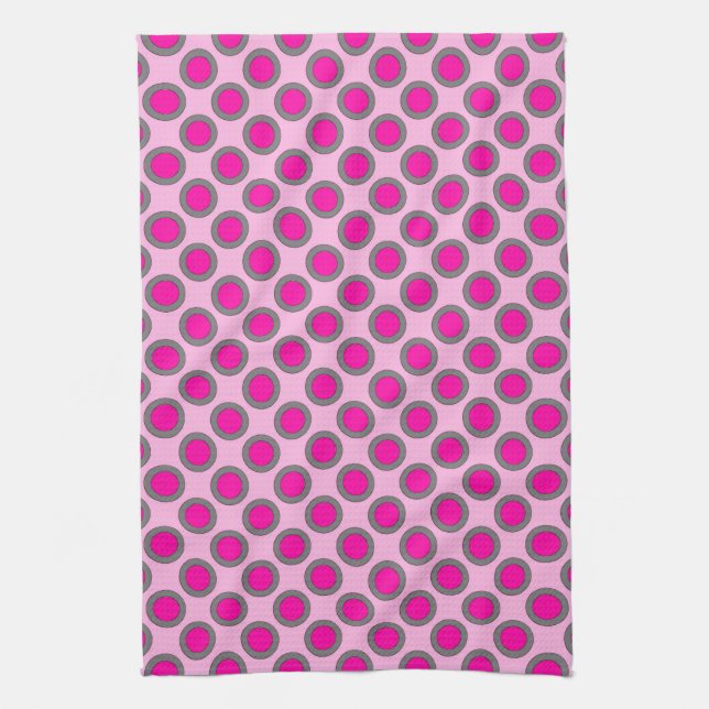 Retro circled dots, fuchsia, grey and pink kitchen towel (Vertical)