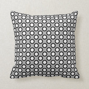 Retro circled dots, grey, black and white throw pillow