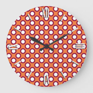 Retro circled dots, mandarin orange and magenta large clock