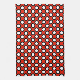 Retro circled dots, red, black and white kitchen towel