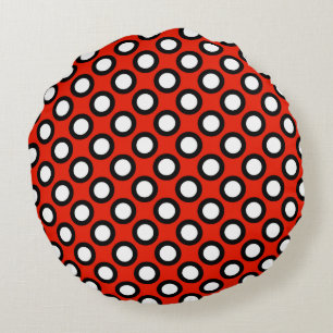 Retro circled dots, red, black and white round pillow