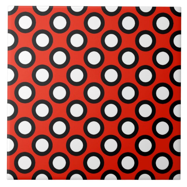 Retro circled dots, red, black and white tile (Front)