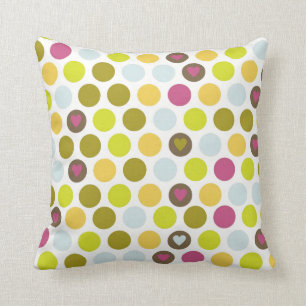 Retro Circles and Hearts Pattern Green Gold Blue Throw Pillow
