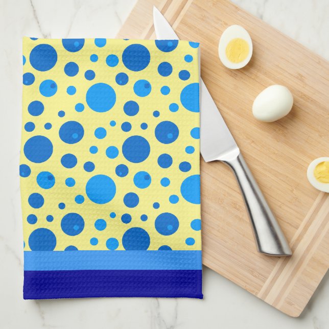 Retro Circles and Polka Dots in Blues on Lt Yellow Kitchen Towel (Quarter Fold)