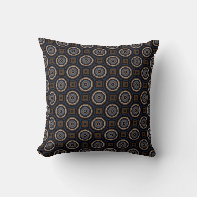 Retro Circles and Squares Navy Blue Brown Stylish Throw Pillow (Front)