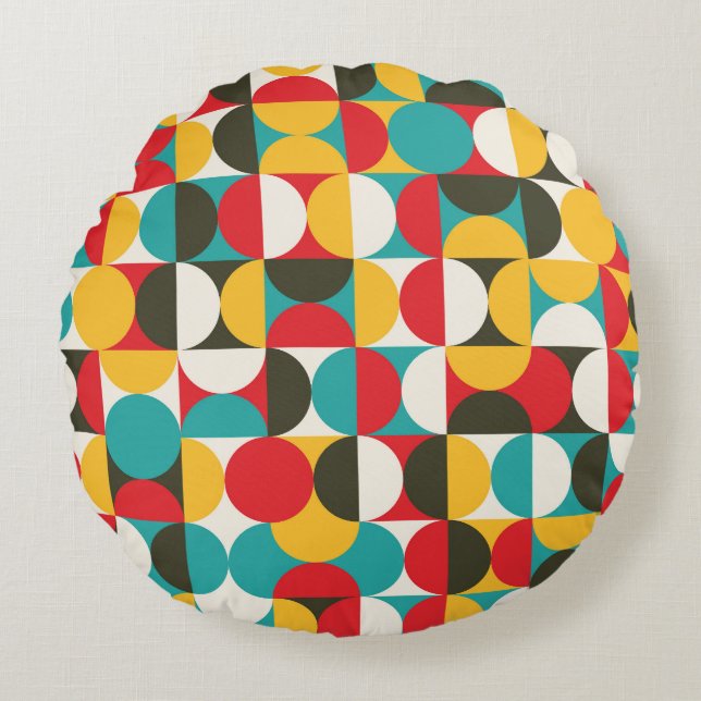 Retro Circles: Colourful Hipster Pattern. Round Pillow (Front)