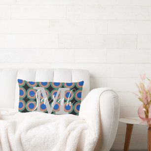 Retro Circles Geometric Monogram Name Lumbar Pillow