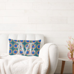 Retro Circles Geometric Monogram Name Peacock Lumbar Pillow