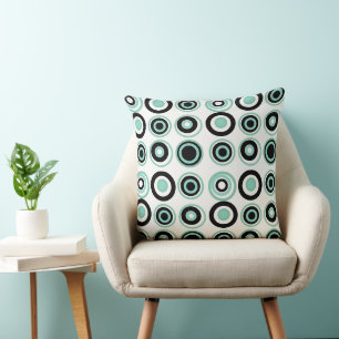 Retro Circles Jade Black On White Throw Pillow